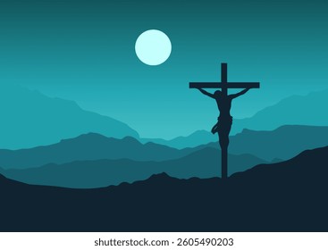 Landscape for Good Friday with silhouette of Jesus on the cross against a moon lit sky