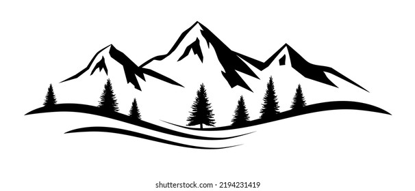 Landscape graphic with mountains and trees.