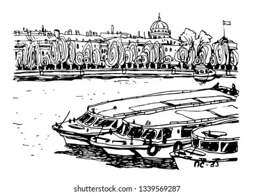 Landscape graphics St. Petersburg river Neva boats vector