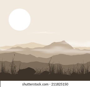 Landscape with grass and mountains over sunset. Vector eps10.