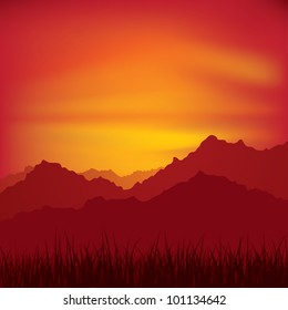 Landscape with grass and mountains (vector)