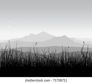 Landscape with grass and mountains (vector)