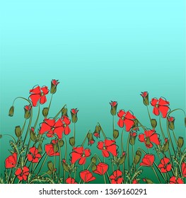 Landscape With Grass And Poppy, Vector Illustration