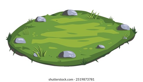 Paisaje con césped y piedras, elemento de la naturaleza y los bosques. Ilustración plana de dibujos animados ideal para fondos, césped y diseños de bosques. Perfecto para plataformas y proyectos ambientales.