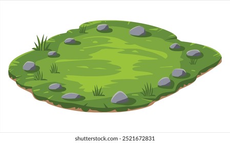 Paisaje con césped y piedras, elemento de la naturaleza y los bosques. Ilustración plana de dibujos animados ideal para fondos, césped y diseños de bosques. Perfecto para plataformas y proyectos ambientales.