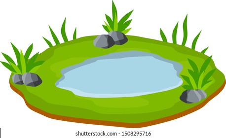 Landscape with grass, stones. Platform and ground. Background for illustration. Pond and swamp, lake. Flat cartoon. Element of nature and forests and water