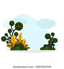 landscape with grass, trees, flowers, clouds under blue sky vector