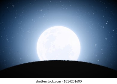 Landscape with grassy hill. Full moon in night starry sky