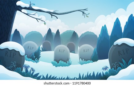 Landscape of a graveyard with old tombstones among grass and trees. Winter season with snow and icy mist. Vector illustration.