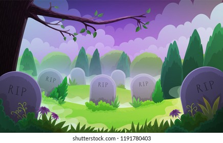 Landscape of a graveyard with old tombstones among grass and trees. Halloween night scene with creepy violet sky and fog. Vector illustration.