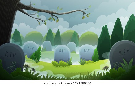 Landscape of a graveyard with old tombstones among grass and trees. Grey clouds and spooky fog. Vector illustration.