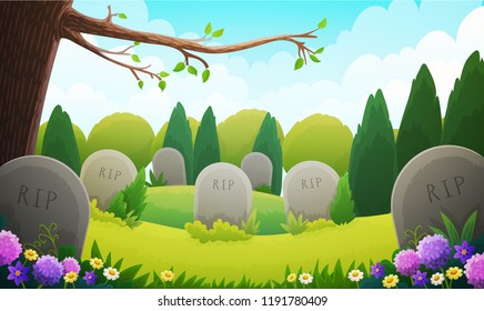 Landscape of a graveyard with old tombstones among grass and trees. Spring season with multicolored flowers and blue sky. Vector illustration.