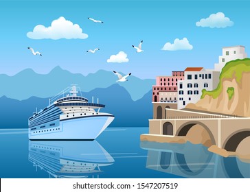 Landscape with Great cruise liner near coast with buildings and houses, tourism and travelling concept, seagulls in clear blue sky, vector illustration