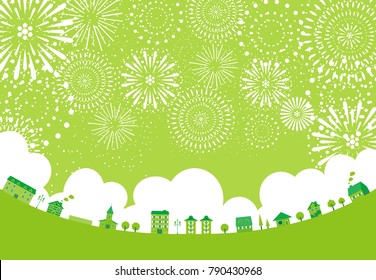 Landscape of the green city and fireworks