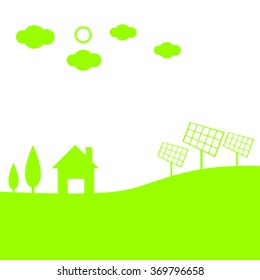 Landscape green energy concept with house plant solar panels and green hill, green color, vector illustration