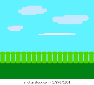 Landscape green fence and blue sky with clouds, vector illustration
