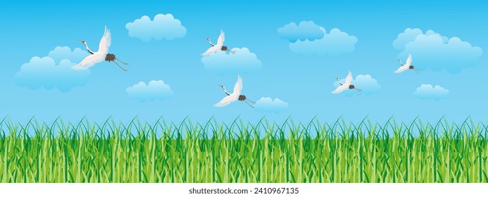 Landscape, green field, cloudy sky and white flying cranes. Seamless border, landscape background, illustration, vector