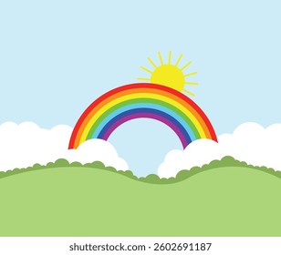 Landscape with green field and rainbow, blue sky and sunshine
