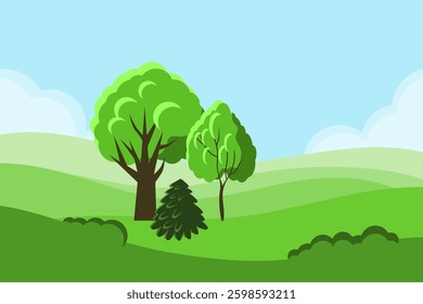 Landscape with green field and trees, blue sky, white clouds.