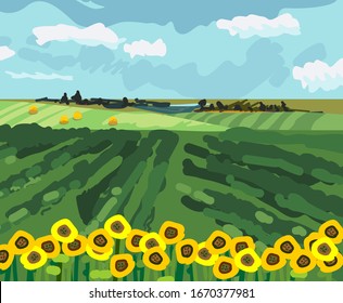 Landscape with green field, yellow sunflowers and blue sky in impressionistic manner