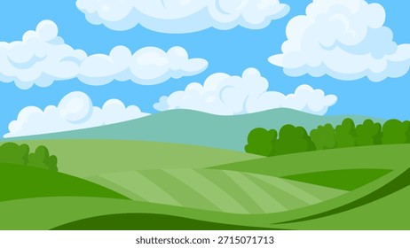 Paisaje con campos verdes y cielo azul con nubes cumulus. hermoso paisaje de la naturaleza