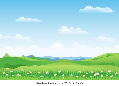 Landscape of green fields and meadows against the backdrop of mountains and hills. Beautiful flowers and lush green grass in summer fields and meadows. Landscape of spring nature.