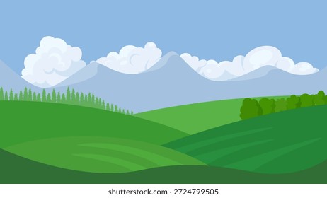 paisagem com campos verdes, montanhas e céu azul com cumulus nuvens. bela paisagem natureza