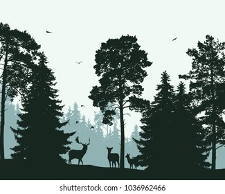 Landscape with green forest, deer and flying birds - vector