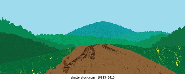 Landscape with , green forest and Mountain silhouettes with tire tracks on muddy road .  Splatter paint texture . Grunge background . Outdoor abstract illustration. vector.