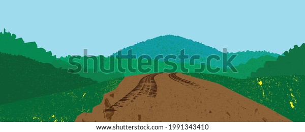 Landscape with , green\
forest and Mountain silhouettes with tire tracks on muddy road . \
Splatter paint texture . Grunge background . Outdoor abstract\
illustration.\
vector.