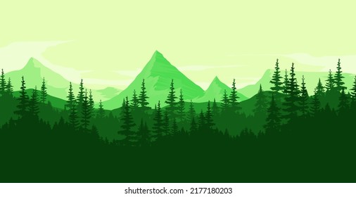 Landscape of green forest and mountains in the morning and evening, illustrations for poster design, print media and templates.