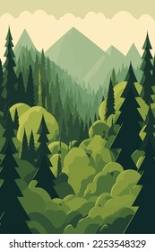 landscape green forest, pine trees in wilderness of a national park flat color vector illustration