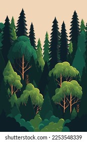 landscape green forest, pine trees in wilderness of a national park flat color vector illustration