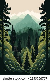 landscape green forest, pine trees in wilderness of a national park flat color vector illustration