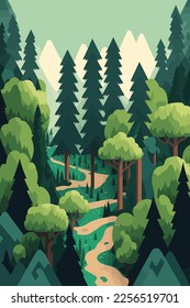 landscape green forest, pine trees in wilderness of a national park flat color vector illustration