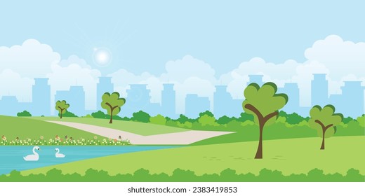 Landschaft oder grüner Garten auf Stadtansicht Hintergrund. Natur im Freien, grüner Platz mit Bäumen, Felsen, Sträucher und Rasen, Vektorgrafik für Banner.