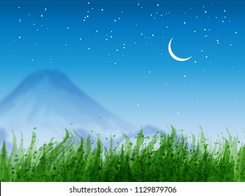Landscape with green grass, distant mountains and stars in blue night sky. Traditional Japanese ink painting sumi-e