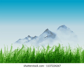 Paisagem com grama verde e montanhas distantes. Tradicional pintura a tinta japonesa sumi-e