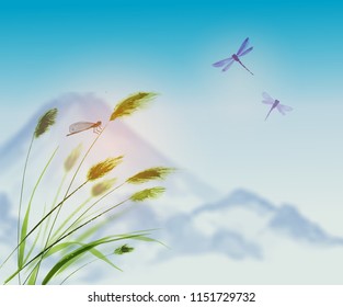 Landscape with green grass, dragonflies and distant mountains. Traditional Japanese ink painting sumi-e