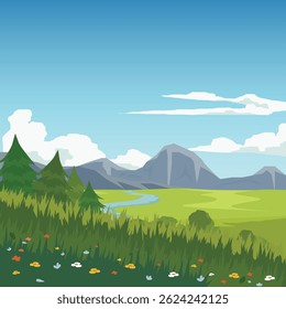 Landscape of green grass with flower on front background. River cutting through green grasslands. Background of mountain under blue sky and white clouds.