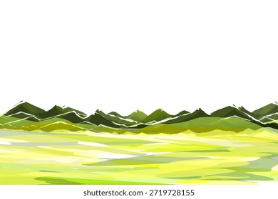 paisagem com gramíneas verdes e montanhas sem fundo