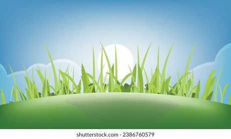 Landscape green grass with sunny and blue sky background, nature template texture vector