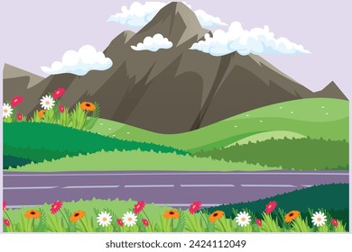 Landschaft mit grünem Gras, Bäumen, Himmel und Berge. Naturkonzept. Farbige, flache Vektorgrafik einzeln.	