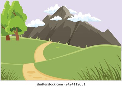 Paisaje con hierba verde, árboles, horizonte del cielo y montañas. Concepto de naturaleza. Ilustración vectorial plana de color aislada.	