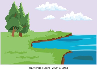 Landscape with green grass, trees, sky horizon and Mountains. Nature concept. Colored flat vector illustration isolated.	