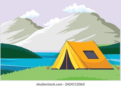 Paisaje con hierba verde, árboles, horizonte del cielo y montañas. Concepto de naturaleza. Ilustración vectorial plana de color aislada.	