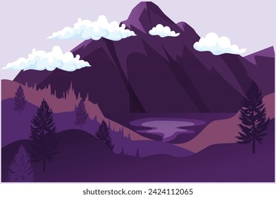 Landscape with green grass, trees, sky horizon and Mountains. Nature concept. Colored flat vector illustration isolated.	