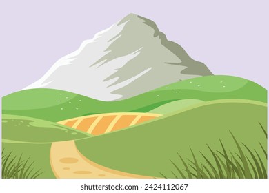 Landscape with green grass, trees, sky horizon and Mountains. Nature concept. Colored flat vector illustration isolated.	