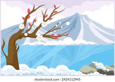 Paisaje con hierba verde, árboles, horizonte del cielo y montañas. Concepto de naturaleza. Ilustración vectorial plana de color aislada.	