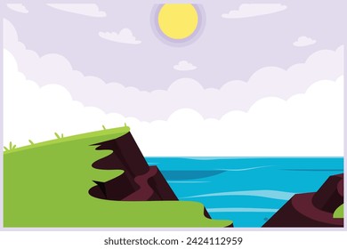 Landscape with green grass, trees, sky horizon and Mountains. Nature concept. Colored flat vector illustration isolated.	